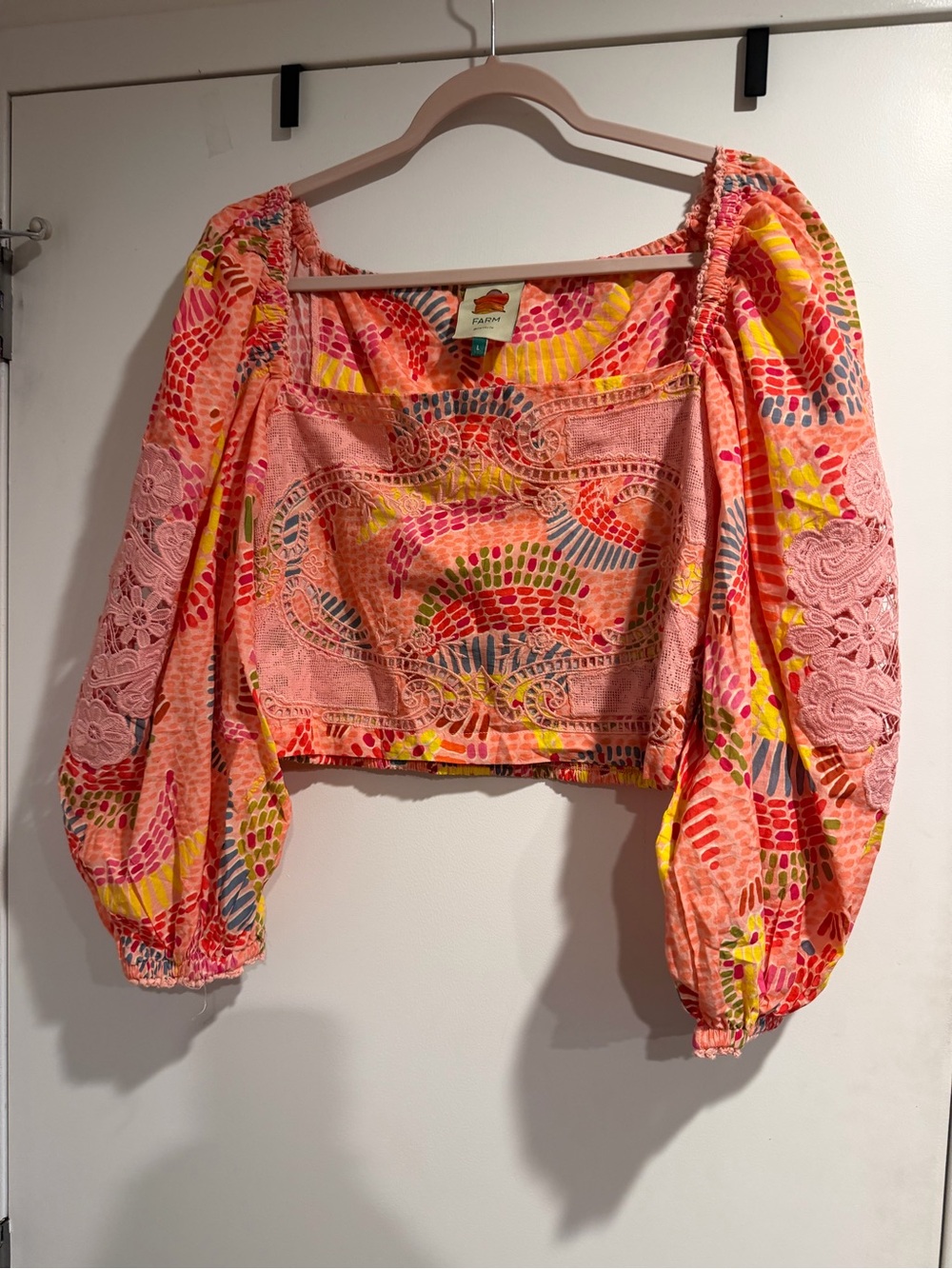 FARM Rio Pink Dotted Bananas Cropped Puff-Sleeve Peasant Top